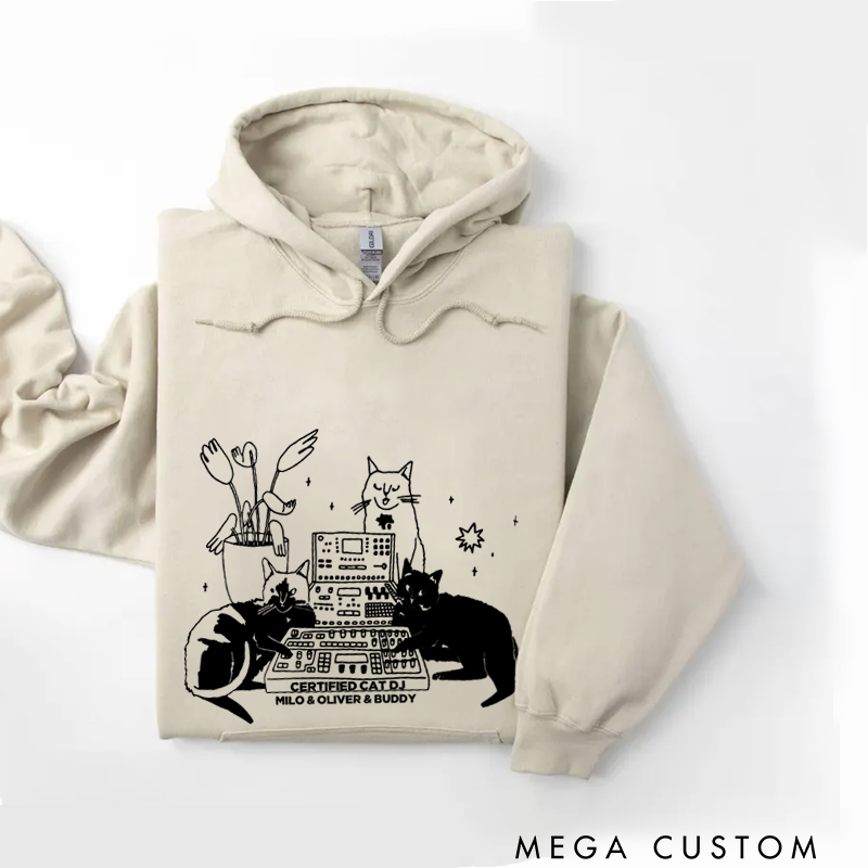 Personalized Classic Hoodies with Cat Sitting on Synthesizer and DJ Cat Illustration and Available in Multiple Colors