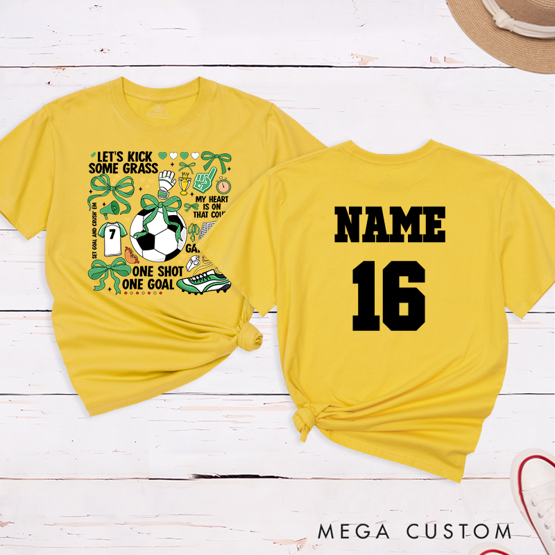 Personalized Soccer T-Shirt with Fun "Let's Kick Some Grass" Design and Custom Name and Number