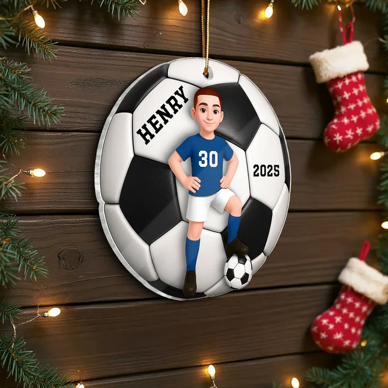 Personalized Soccer Christmas Ornament with Custom Name, Number, and Year Design