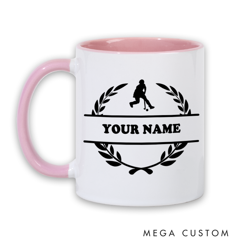 Personalized Hockey Mug with Custom Name Laurel Wreath and Player Silhouette Design Perfect Gift for Hockey Fans and Players