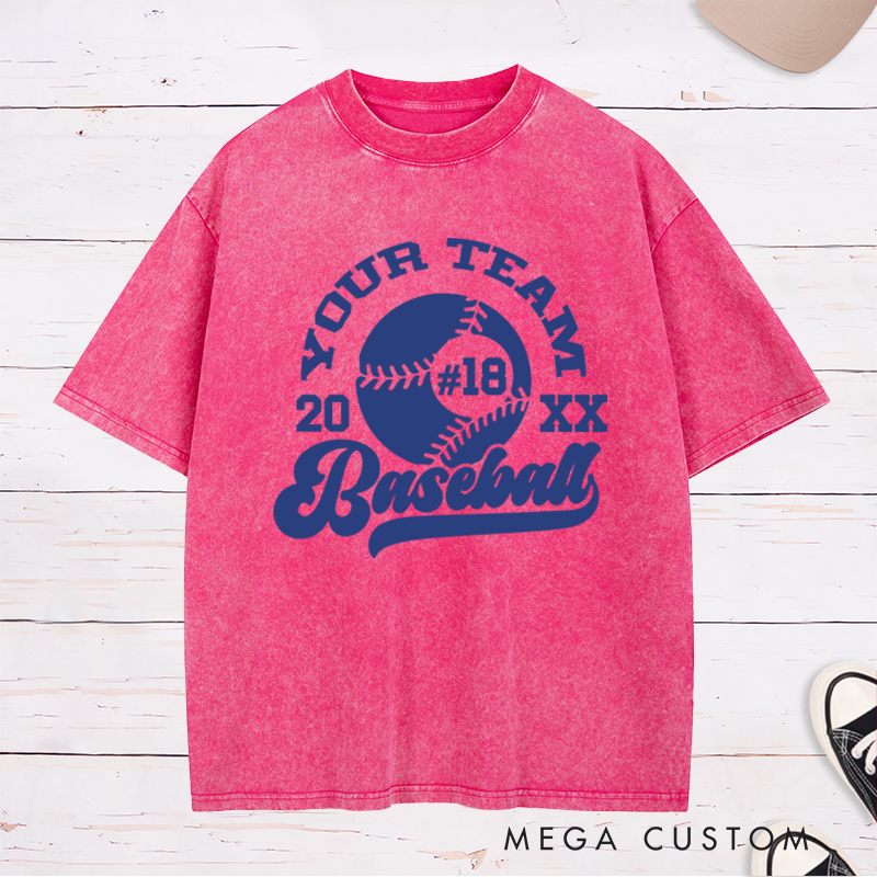 Personalized Baseball Washed T-Shirt with Custom Team Name, Player Number, and Year Design