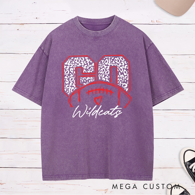 Personalized American Football and Rugby Leopard Washed T-Shirts Featuring Custom Your Team Name on the Front