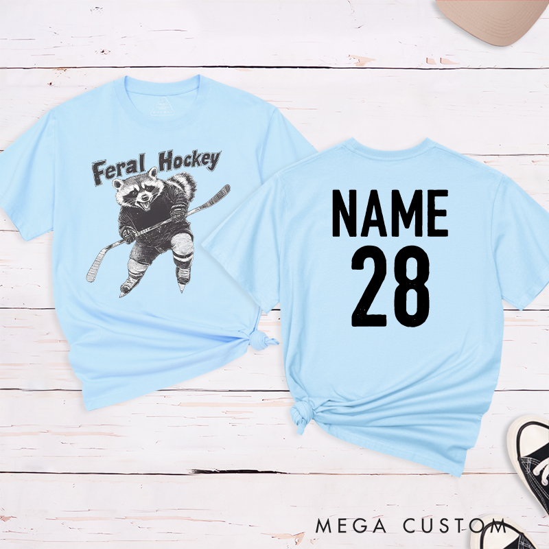 Personalized "Feral Hockey" Raccoon T-Shirt with Custom Name and Number