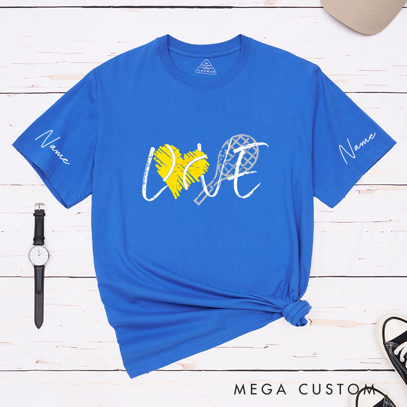 Personalized Tennis Love T-Shirt with Heart and Racket Design and Custom Name