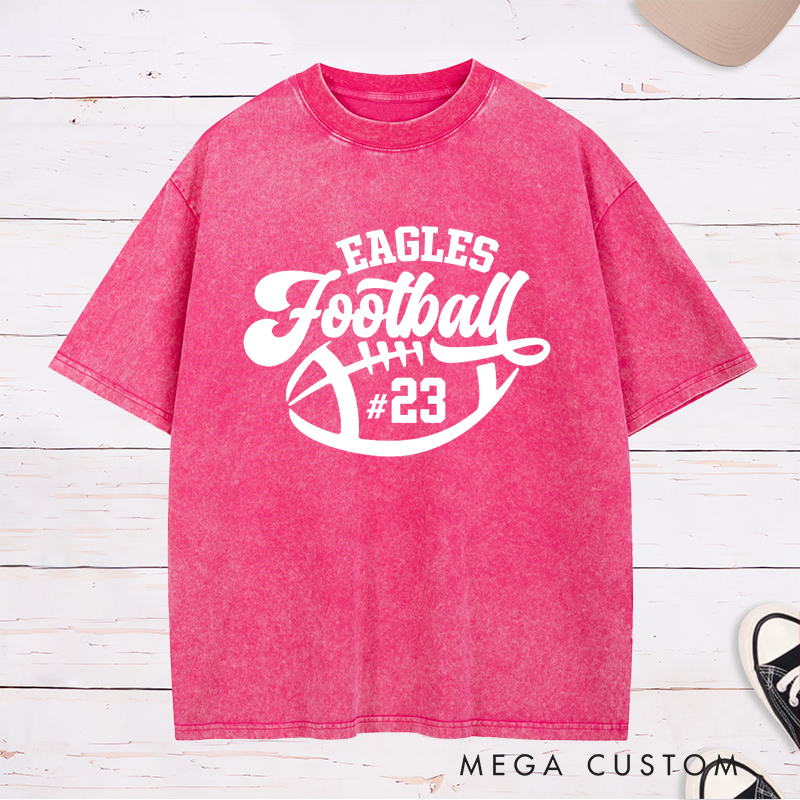 Personalized American Football Washed T-Shirts with Custom Team Name and Number,Sports Tee