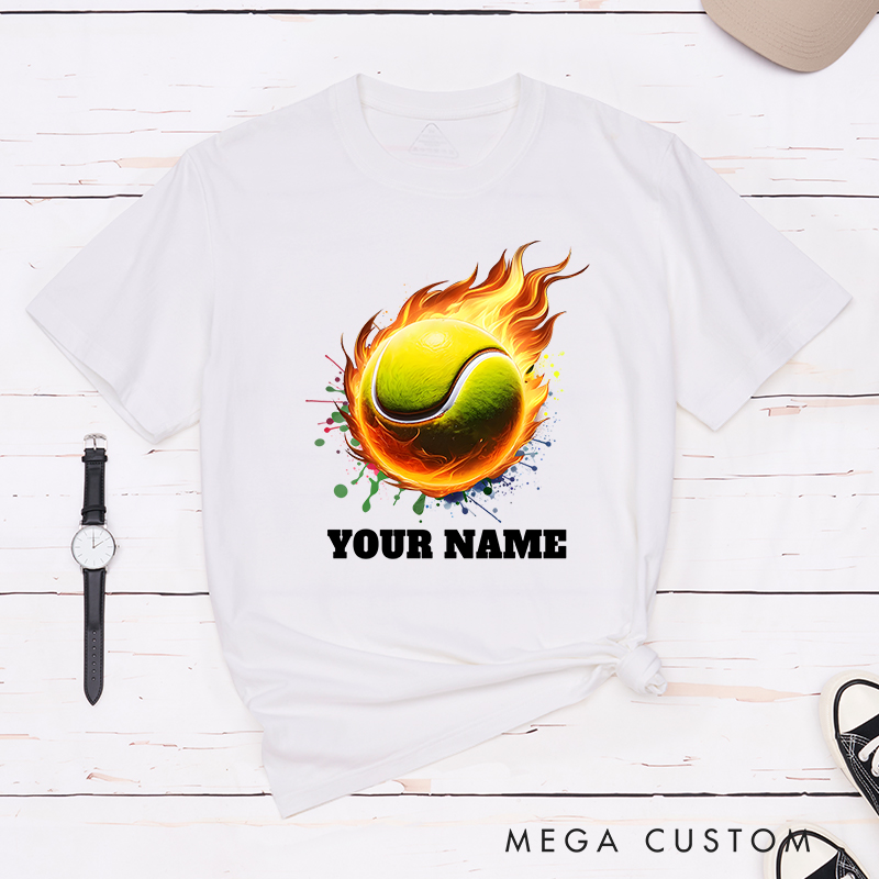 Personalized Tennis T-Shirt with Flaming Ball and Custom Name 