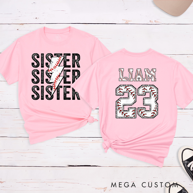 Personalized Baseball Sister T-Shirt with Lightning Stitch Design and Custom Name and Number