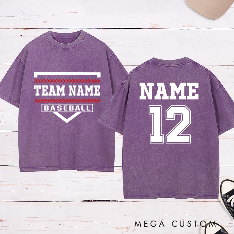 Personalized Team Baseball Washed T-Shirt with Shield Design and Custom Name and Number