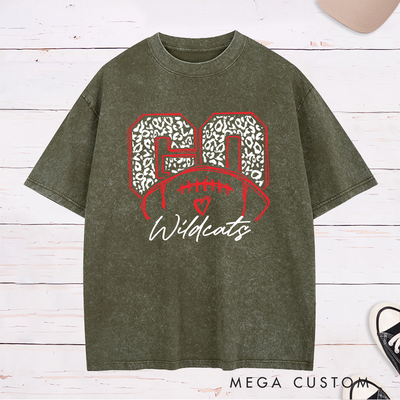 Personalized American Football and Rugby Leopard Washed T-Shirts Featuring Custom Your Team Name on the Front