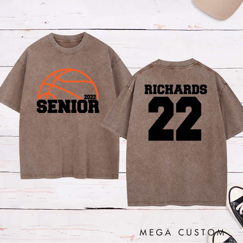 Personalized Washed T-Shirt Design Featuring Basketball Graphic and Customizable "Senior" Year Text for a Sporty and Memorable Look