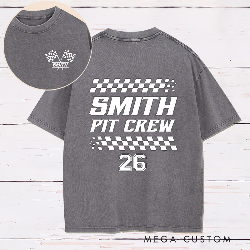 Personalized Racing Pit Crew Washed T‑Shirt Custom Name and Number Retro Vintage Racing Tee Car Lover Gift Matching Team Shirt