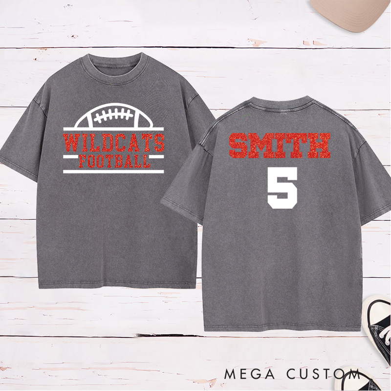 Personalized Glitter American Football and Rugby Washed T-Shirts with Custom Team Name and Number-Game Day Shirt