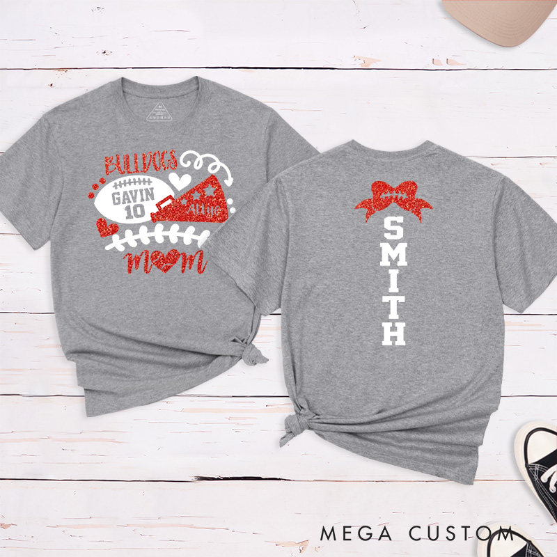 Personalized Glitter American Football and Rugby Cheer Mom T-Shirt with Custom Name and Number