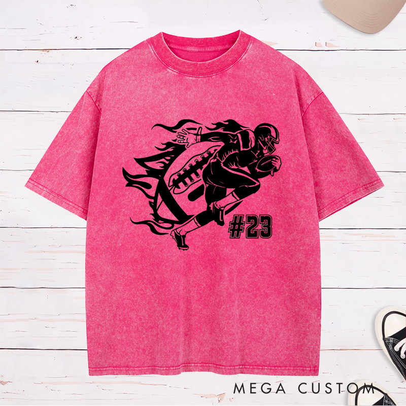 Personalized American Football Action Flames Washed T-Shirts Featuring Custom Number