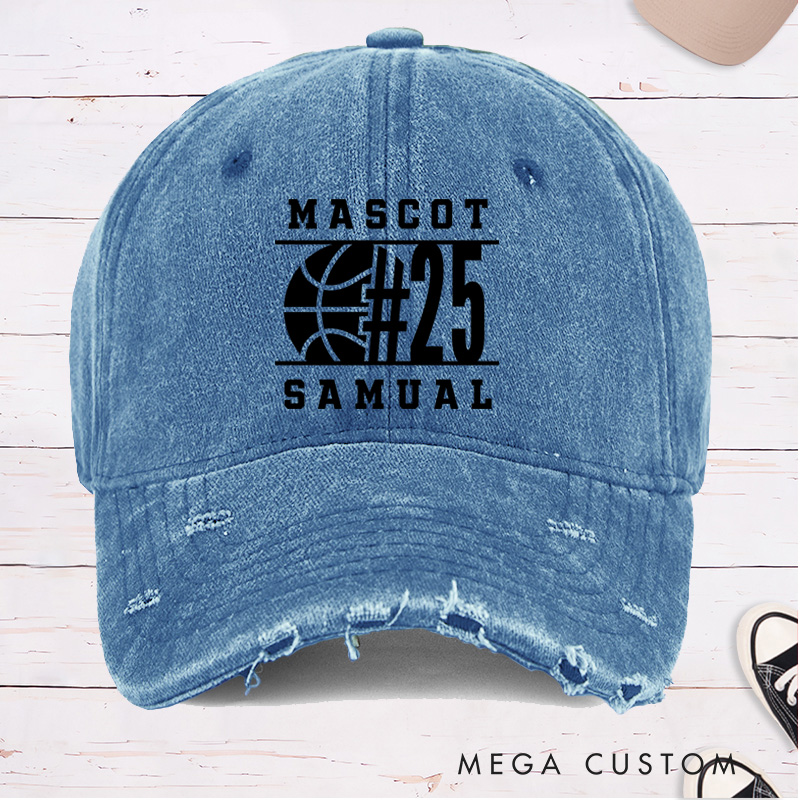 Personalized Distressed Denim Basketball Cap with Custom Team Name Jersey Number and Player Name Design