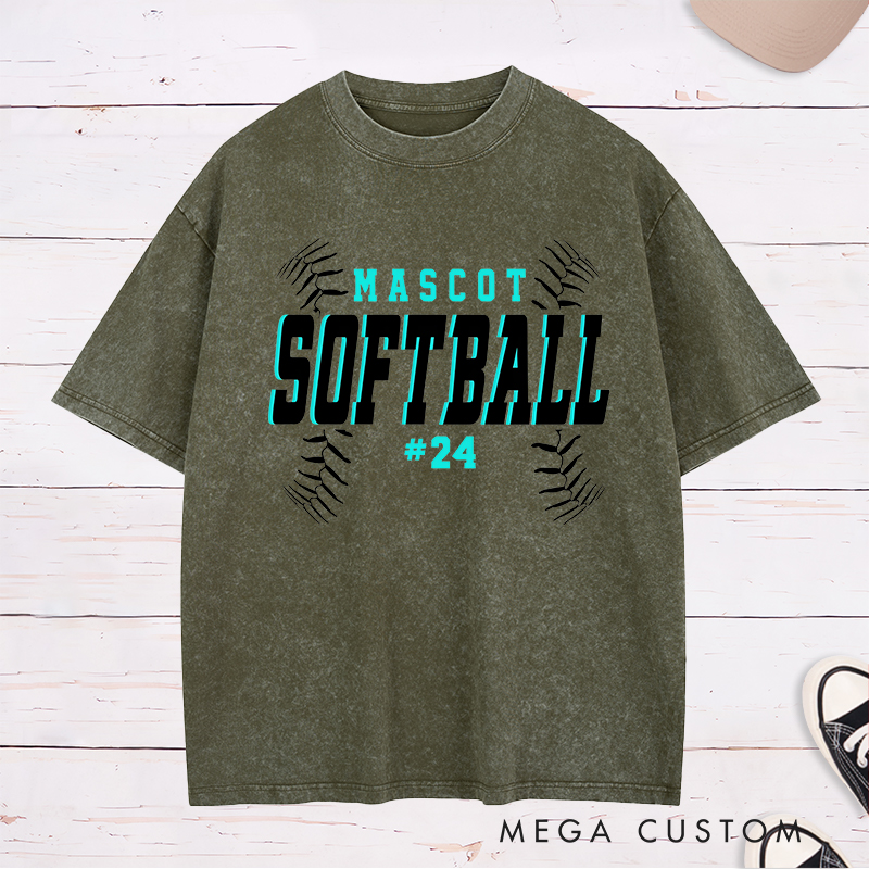 Personalized Softball Washed T-Shirt Team Design Featuring Bold Fixed Text a Dynamic Softball Stitching Graphic and Customizable Team Name and Player Number