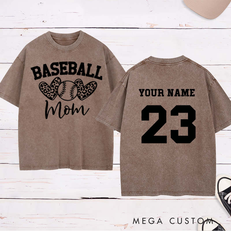 Personalized "Baseball Mom" Leopard Heart Washed T-Shirt with Custom Name and Number