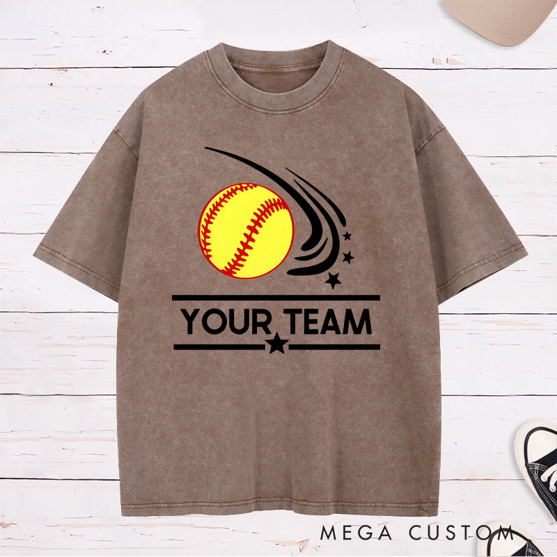 Personalized Softball Team Washed T-Shirt Design Featuring Customizable Team Name Dynamic Softball Motion Graphic and Star Accents
