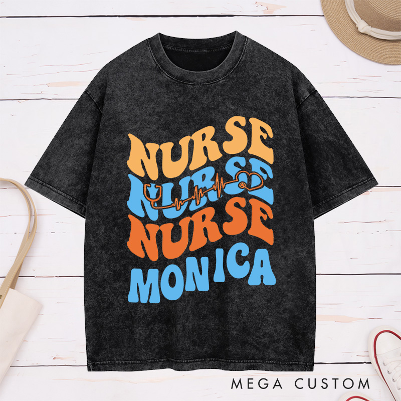 Personalized Nurse Washed T-Shirt Customized Heartbeat Nurse Design Washed T-Shirt 