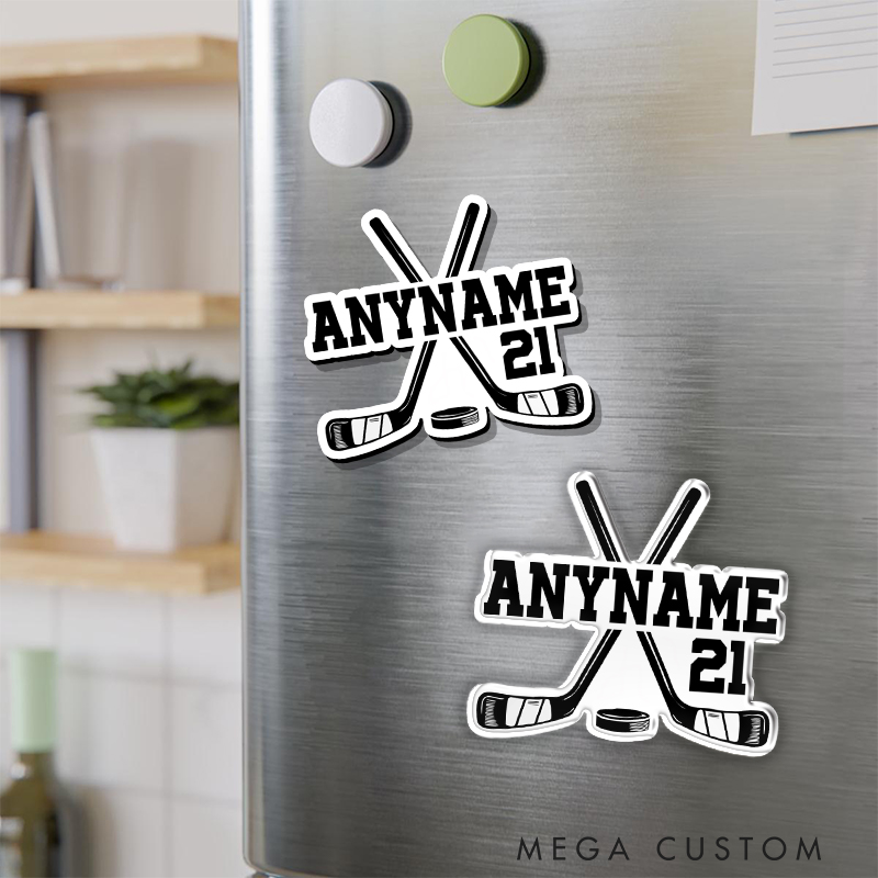 Personalized Hockey Fridge Magnet with Crossed Sticks and Custom Name and Number