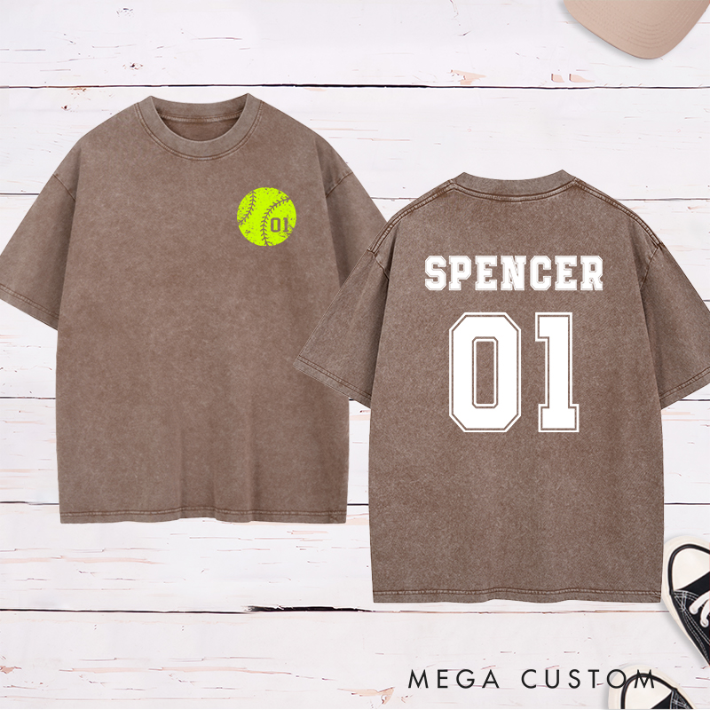 Personalized Softball Washed T-Shirt Design Featuring Custom Player Name Jersey Number and Bold Softball Graphic