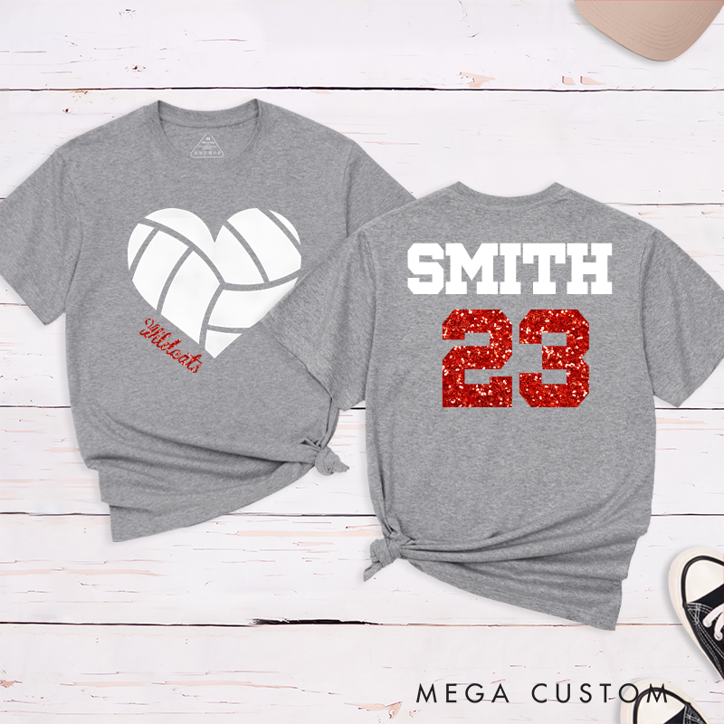 Personalized Glitter Heart Volleyball T-Shirts Featuring Your Team Name and Number