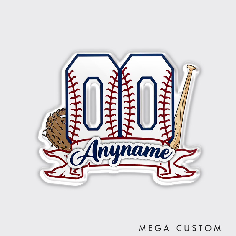 Personalized Baseball Graphic Fridge Magnet with Bold Number and Bat, Glove Graphics 