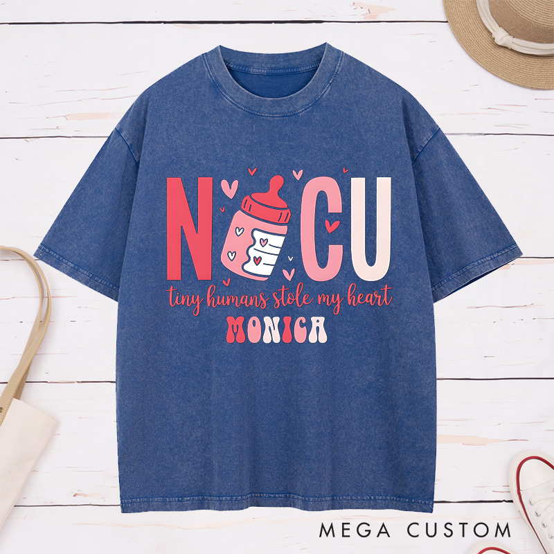Personalized Nurse Washed T-Shirt Customized NICU Tiny Humans Stole My Heart Design Washed T-Shirt 