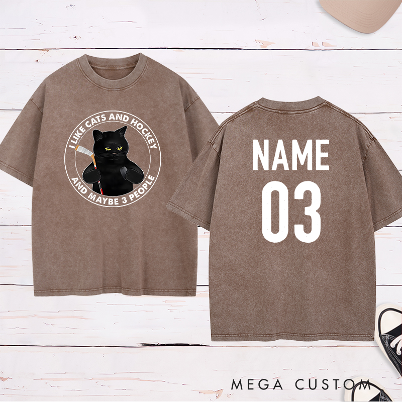 Personalized Funny Cat and Hockey Lover Washed T-Shirt with Custom Name and Number