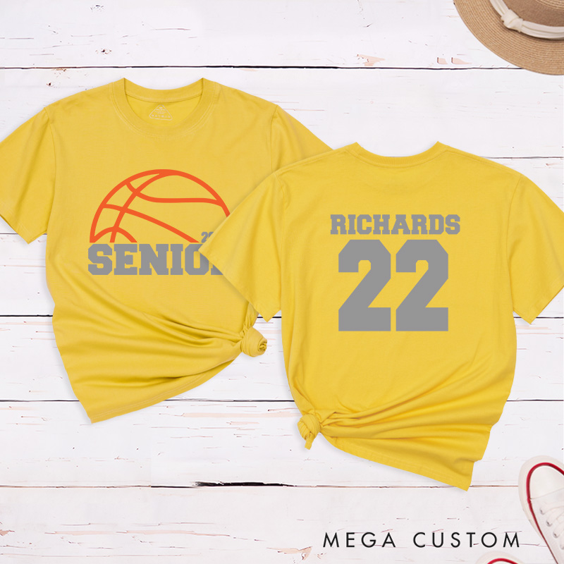 Personalized Senior Basketball T-Shirt with Custom Name, Jersey Number, Year, and School Spirit Campus Style Design