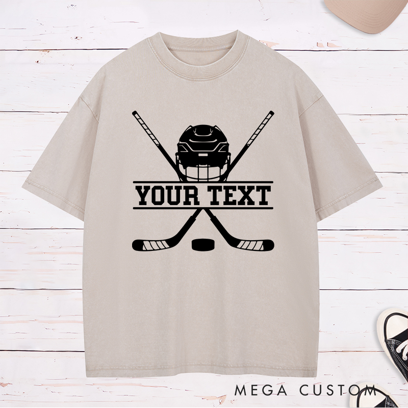 Personalized Hockey Helmet and Sticks Washed T-Shirt with Custom Name 