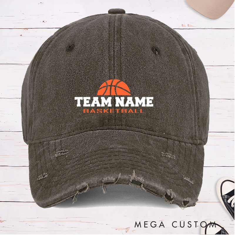 Personalized Distressed Denim Basketball Cap with Custom Team Name Design