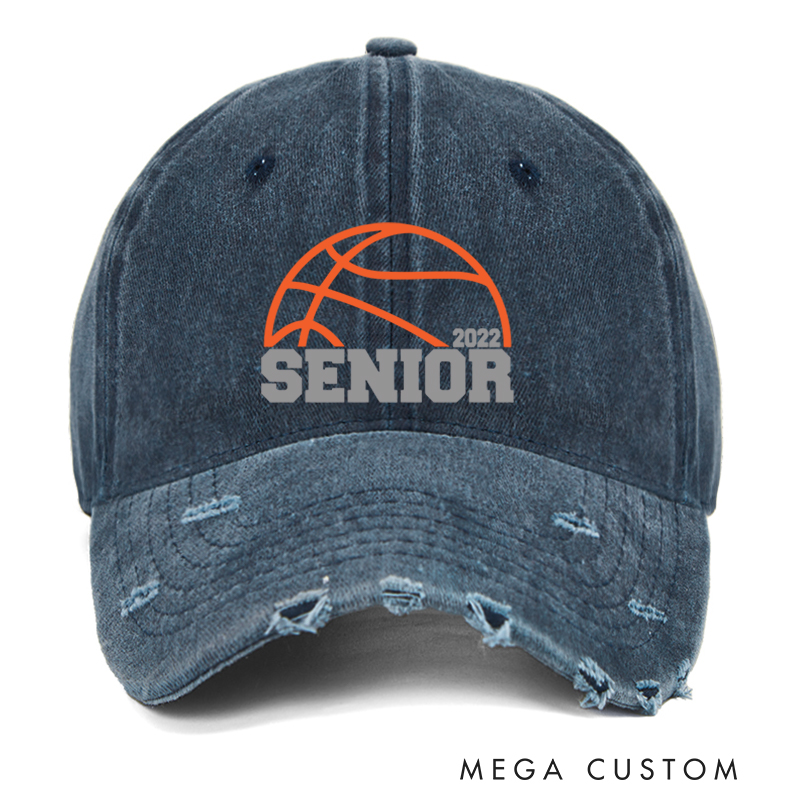 Personalized Distressed Basketball Cap with Senior Year Highlight and Basketball Graphic Design