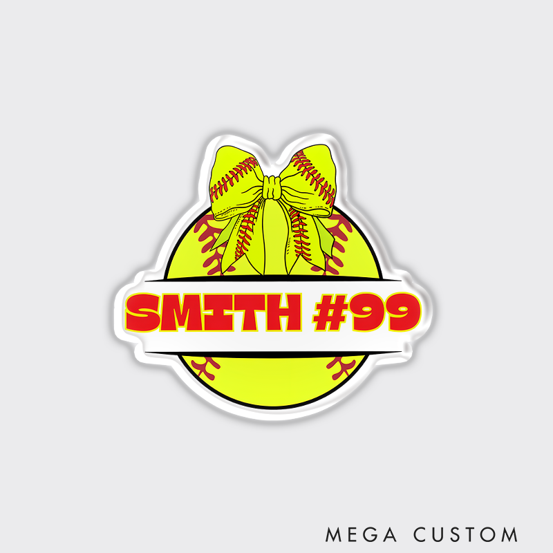 Personalized Softball Refrigerator Magnet with Custom Name Number Bright Yellow Softball and Bow Accent Design