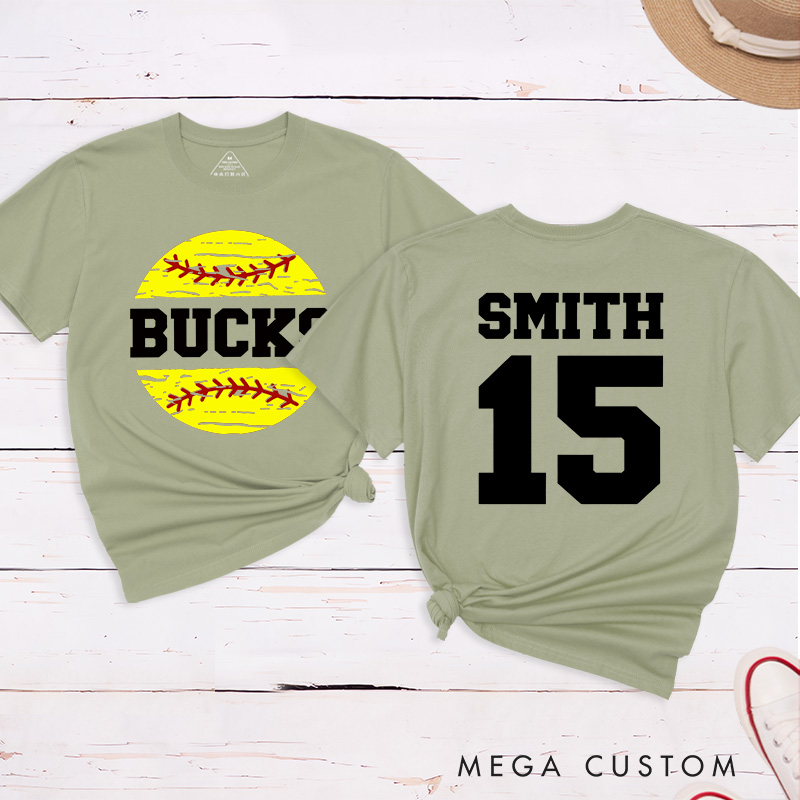 Personalized Softball Team T-Shirt Design Featuring Custom Team Name Player Name and Number with Bright Softball Graphic