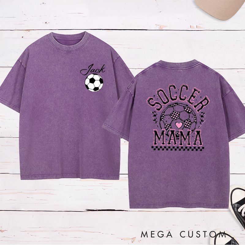 Personalized Soccer Mama Washed T-Shirt with Vibrant Pink Details and Custom Name and Number 