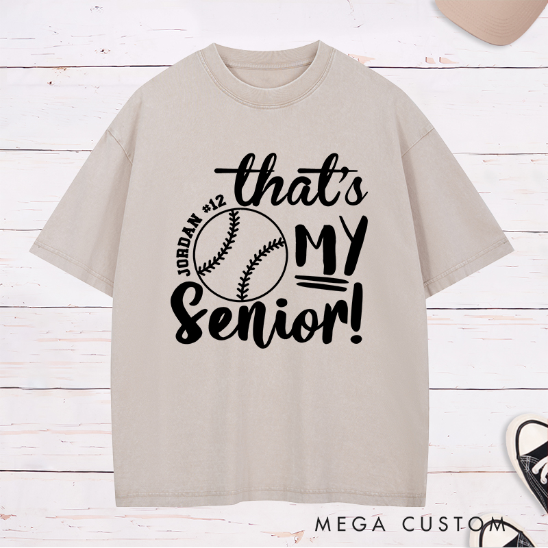 Personalized Senior Softball Spirit Washed T-Shirt Design Perfect for School Teams Featuring Custom Name Number and Bold Text with a Softball Graphic