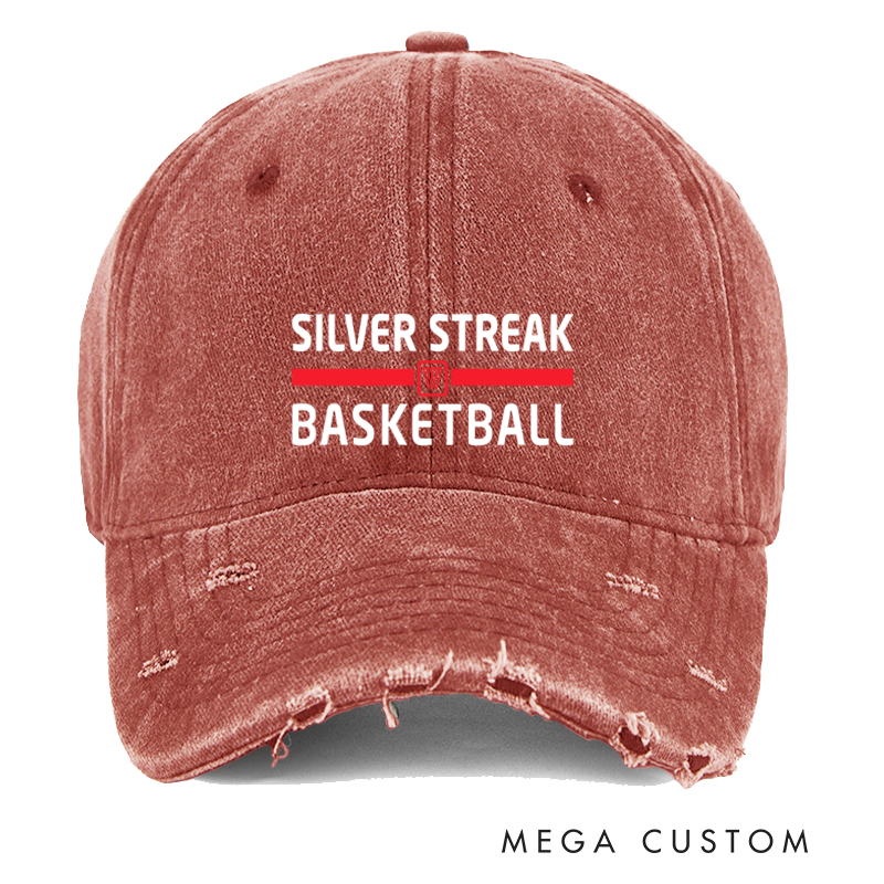 Personalized Distressed Denim Basketball Cap with Custom Team Name and Classic Design