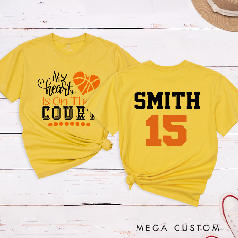 Personalized Basketball Fan T-Shirt with "My Heart is on That Court" Design Custom Name and Jersey Number