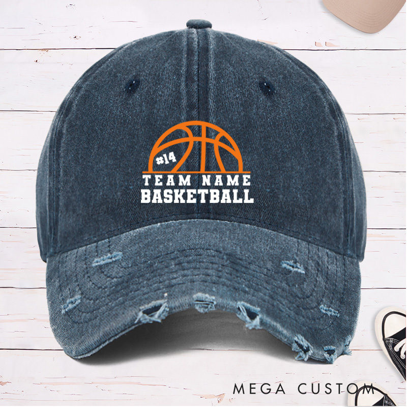 Personalized Distressed Denim Basketball Cap with Custom Team Name Player Number and Basketball Graphic Design