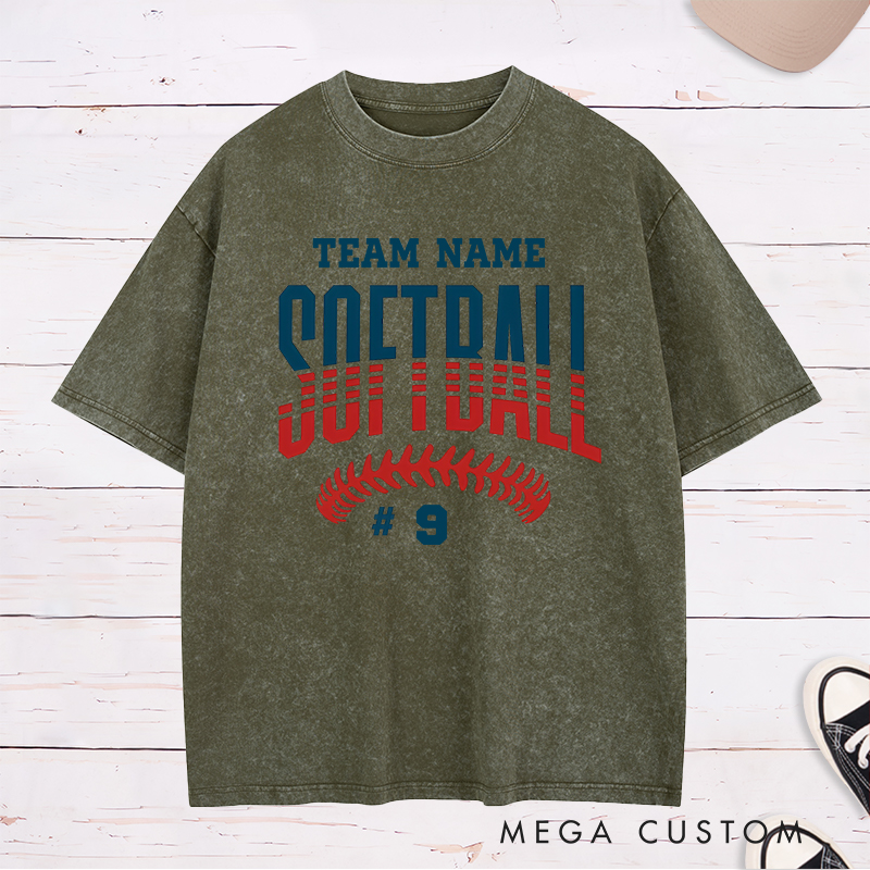 Personalized Softball Washed T-Shirt Featuring Customizable Team Name Player Number Bold Gradient Block Lettering and Dynamic Softball Stitch Graphic for a Striking and Unified Look