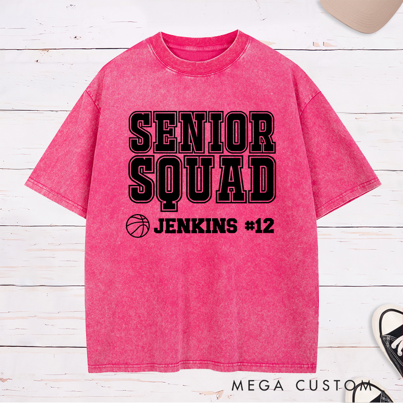 Personalized Washed T-Shirt Design Featuring "Senior Squad" Basketball Graphic with Customizable Name and Number for a Bold and Team-Spirited Look