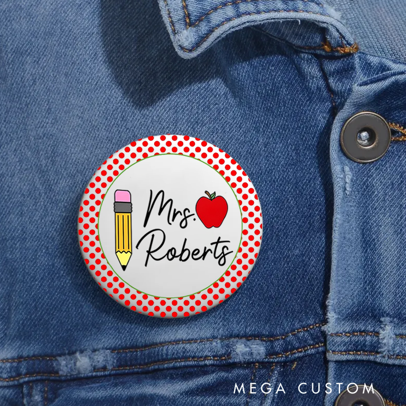 Personalized Teacher Button Pin with Apple and Pencil Cute Classroom Accessories Fun Badge Gift Teacher Appreciation Gift