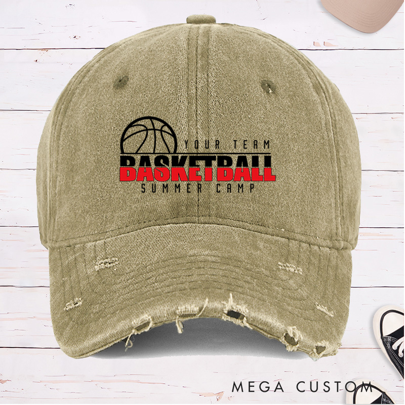 Personalized Distressed Denim Basketball Cap with Custom Team Name and "Basketball Summer Camp" Design