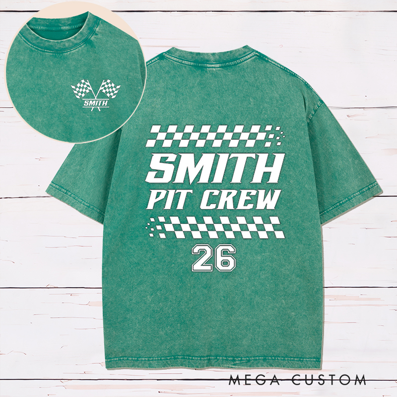 Personalized Racing Pit Crew Washed T‑Shirt Custom Name and Number Retro Vintage Racing Tee Car Lover Gift Matching Team Shirt