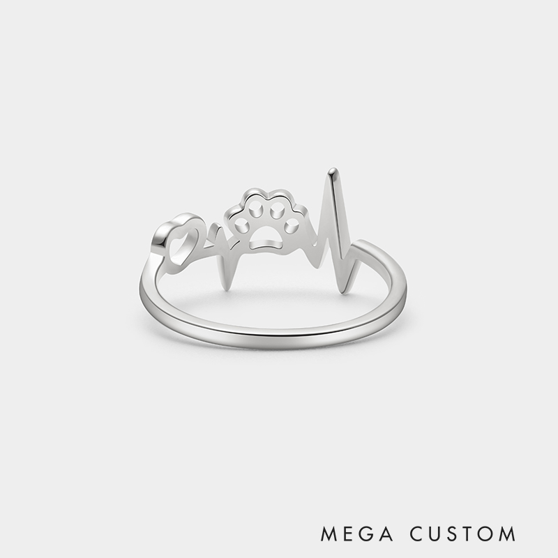 Personalized Custom Engraved Paw Print Heartbeat Ring 925 Sterling Silver or Gold Plated Personalized Inside Text Animal Jewelry Gift for Pet Lover 925 Sterling Silver
