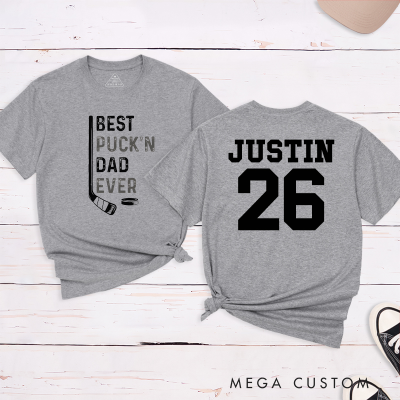 Personalized "Best Puck'n Dad Ever" Hockey T-Shirt with Custom Name and Number