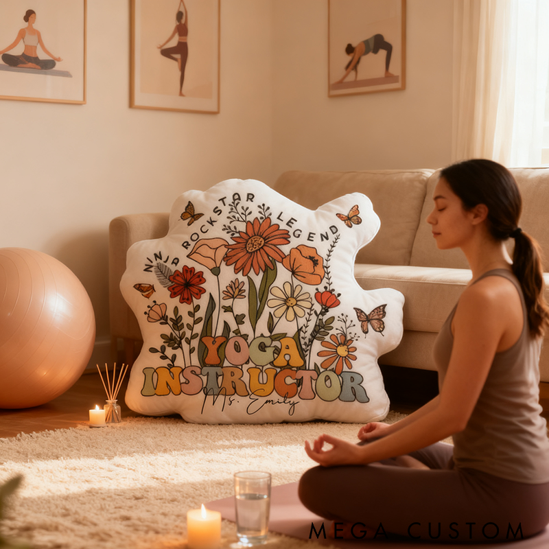 Personalized Yoga Instructor Pillow Funny Yoga Pillow Graphic 3D Print Custom Name with Floral Design for Yoga Lovers Cozy and Stylish Decor 