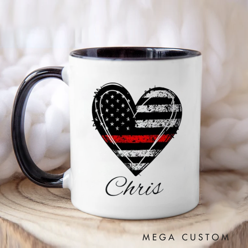Personalized Firefighter Mug Heart Shaped American Flag with Thin Red Line Themed Coffee Mug Gift for Firefighters and Supporters