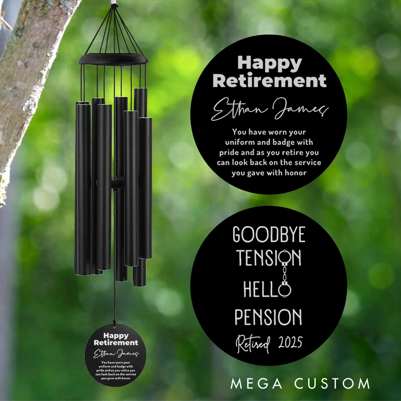Personalized Wind Chimes for Police Officer Goodbye Tension Hello Pension Policeman Retirement Gift